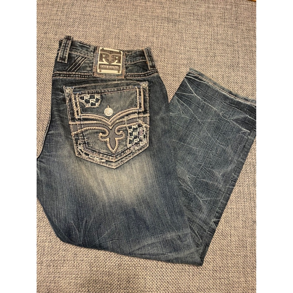 Rock Revival Cale Rise Taper Jeans Mens 38 Blue Embroidered Pockets EP9996F0205S